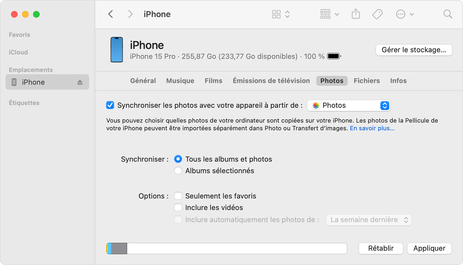 iPhone affichant l’option permettant de synchroniser les photos sur votre appareil à partir de Photos