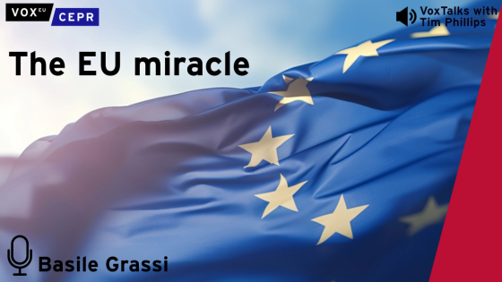 Podcast cover image for 'VoxTalks with Tim Phillips' featuring the title 'The EU Miracle' over a waving European Union flag.