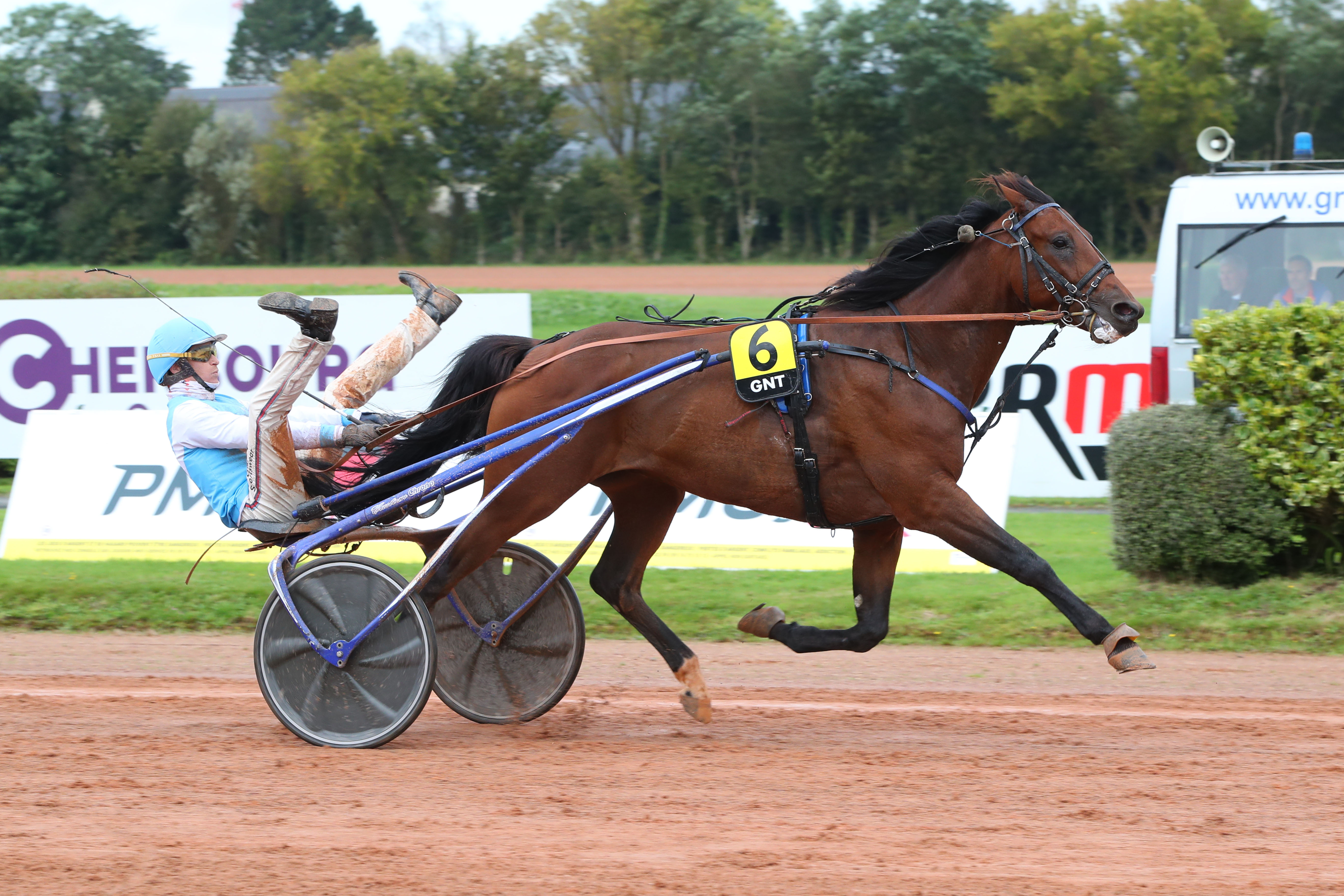 Cherbourg (Manche), le mercredi 25 septembre 2024. Damien Bonne fait le show au passage du poteau avec son partenaire Hero Sibey (n° 6) qui s'impose très facilement dans ce GNT. ScoopDyga