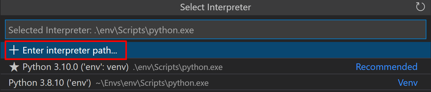 Enter interpreter path option on the interpreters list