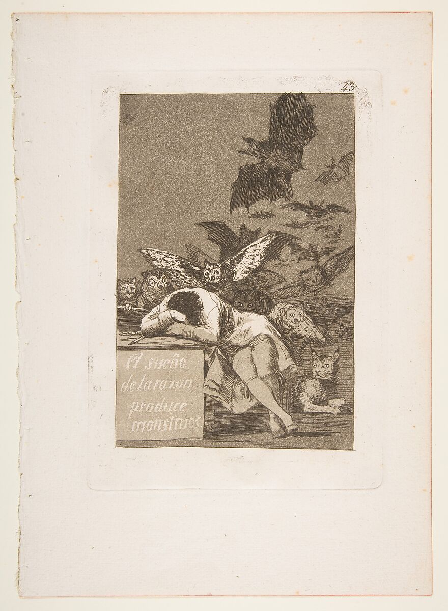 Plate 43 from "Los Caprichos": The sleep of reason produces monsters (El sueño de la razon produce monstruos), Goya (Francisco de Goya y Lucientes) (Spanish, Fuendetodos 1746–1828 Bordeaux), Etching, aquatint 