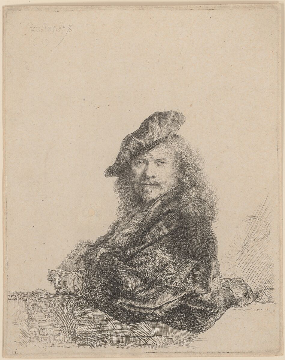 Self-Portrait Leaning on a Stone Sill, Rembrandt (Rembrandt van Rijn)  Dutch, Etching, drypoint and burin; second state of two