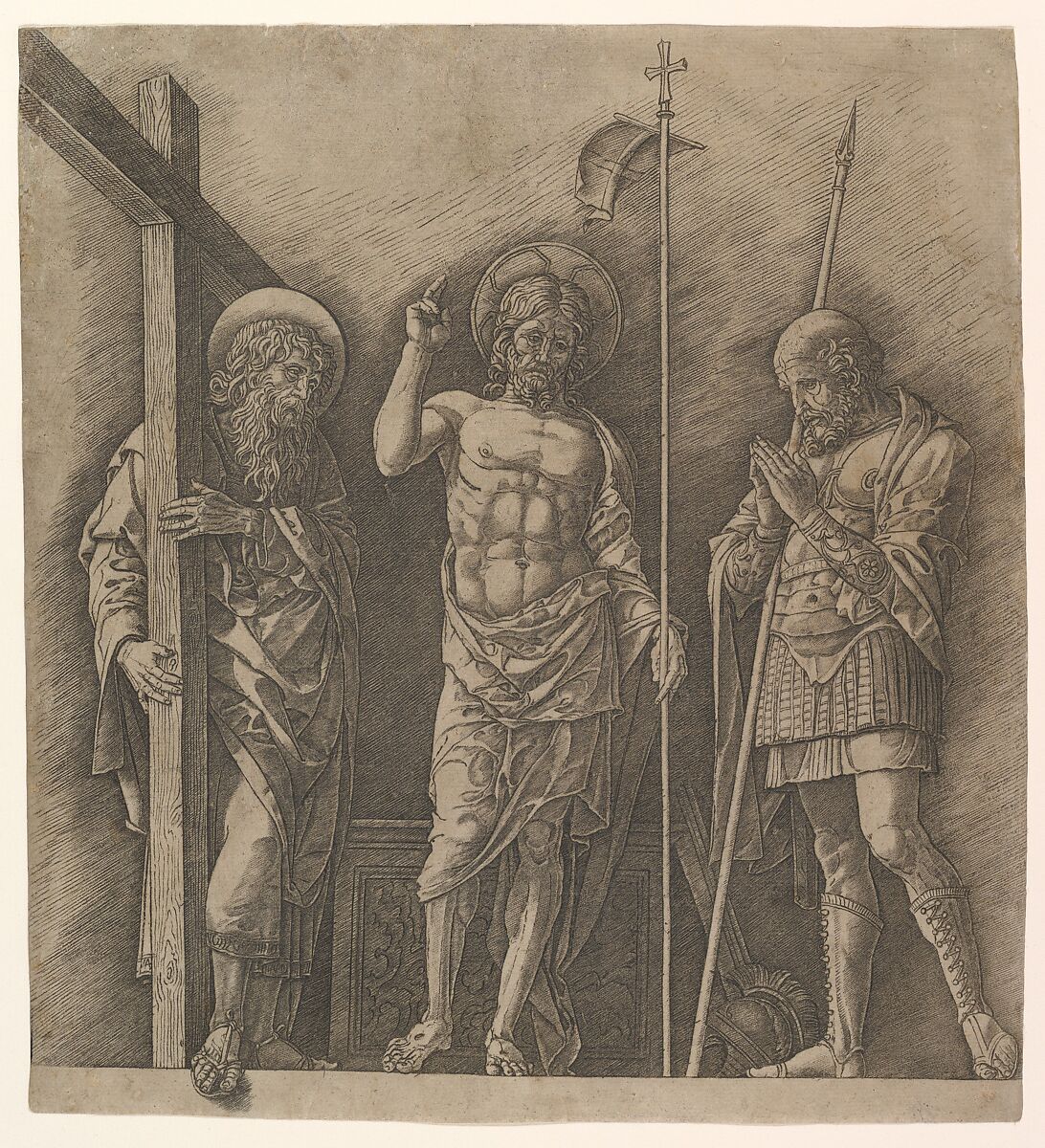 The Risen Christ between Saints Andrew and Longinus, Andrea Mantegna  Italian, Engraving