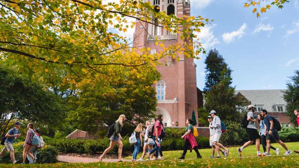 Students walk on a footpath outside of Boatwright Memorial Library between classes.