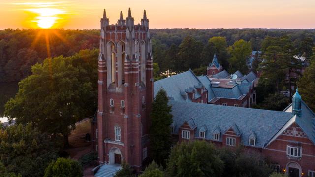 Boatwright Library at sunset. 