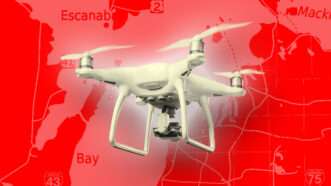 A consumer drone against the backdrop of a map of Michigan. | Illustration: Lex Villena; Pojoslaw