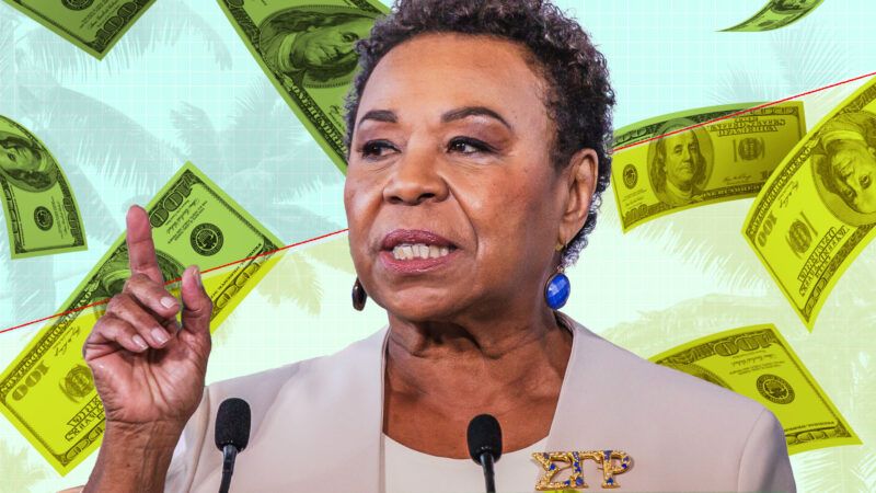 Rep. Barbara Lee (D–Calif.) against a backdrop of money raining down. | Illustration: Lex Villena; Rahul Lal/Sipa USA/Newscom