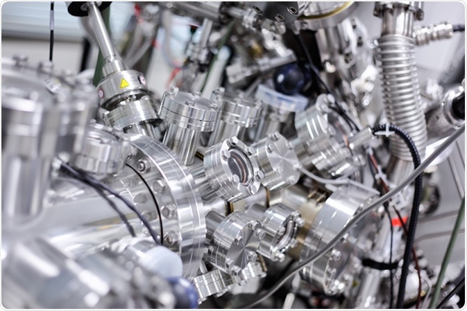 View of part of an ultra-high vacuum chamber of a high performance X-ray photoelectron spectrometer for photoelectron spectroscopy (XPS) and parallel imaging (imaging XPS). Image Credit: Alexander Gatsenko / Shutterstock