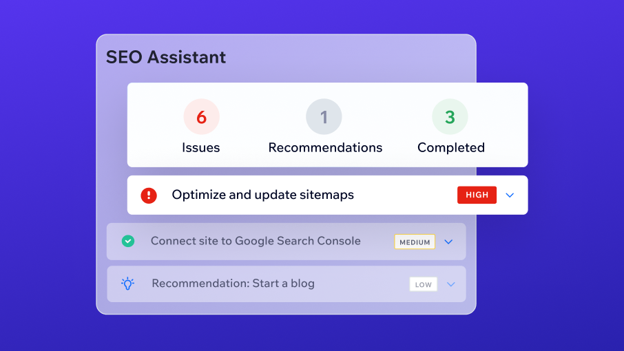 A panel from Wix's Site-Level SEO Assistant with three actions to improve SEO performance listed vertically.