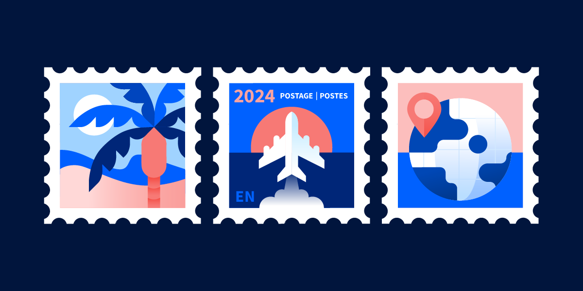 Illustrative graphic of postage stamps depicting travel destinations