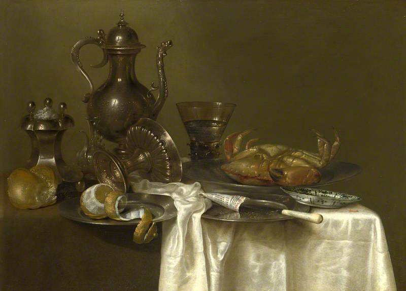 Still Life: Pewter and Silver Vessels and a Crab