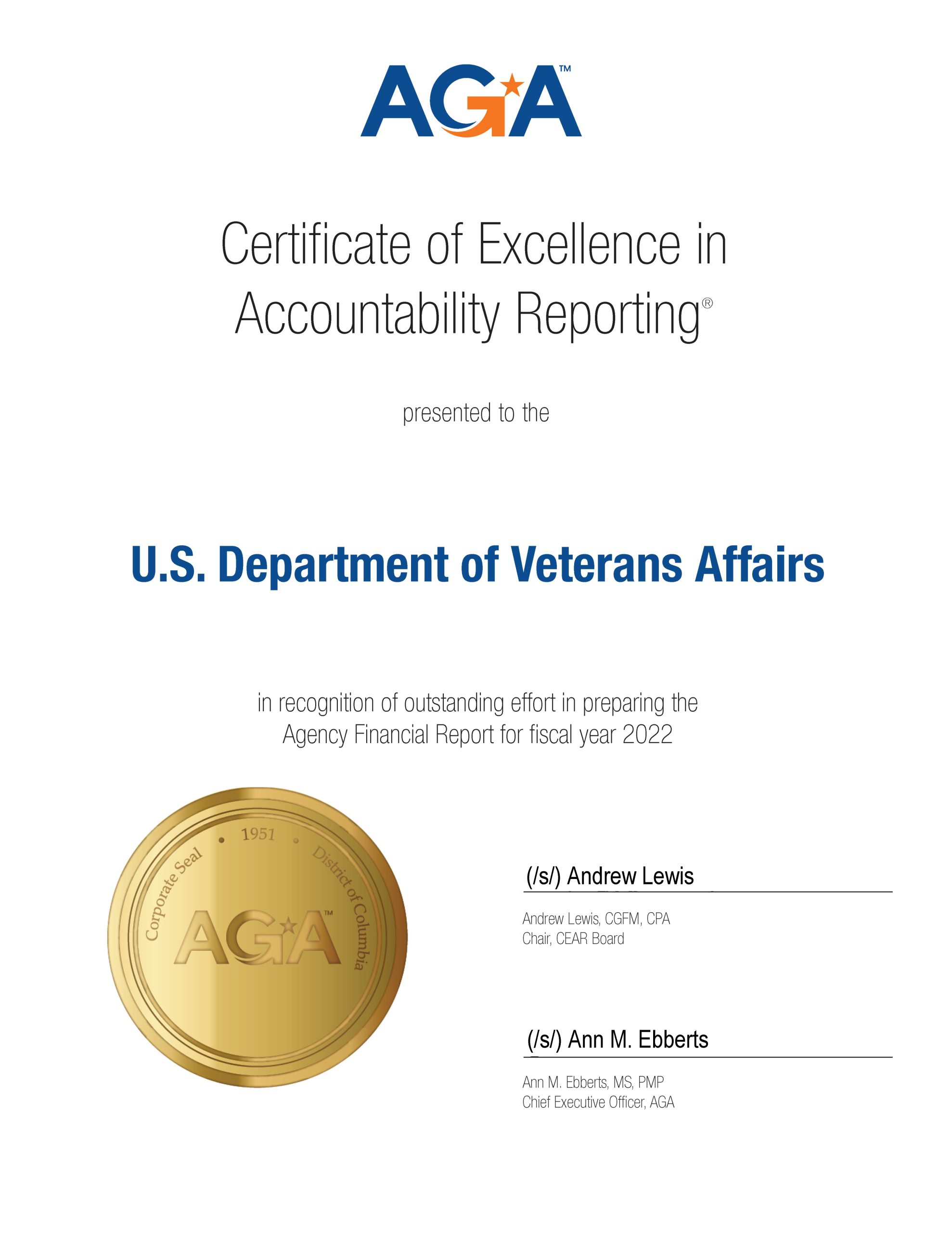 Image of the Certificate of Excellence in accountability Award for 2022