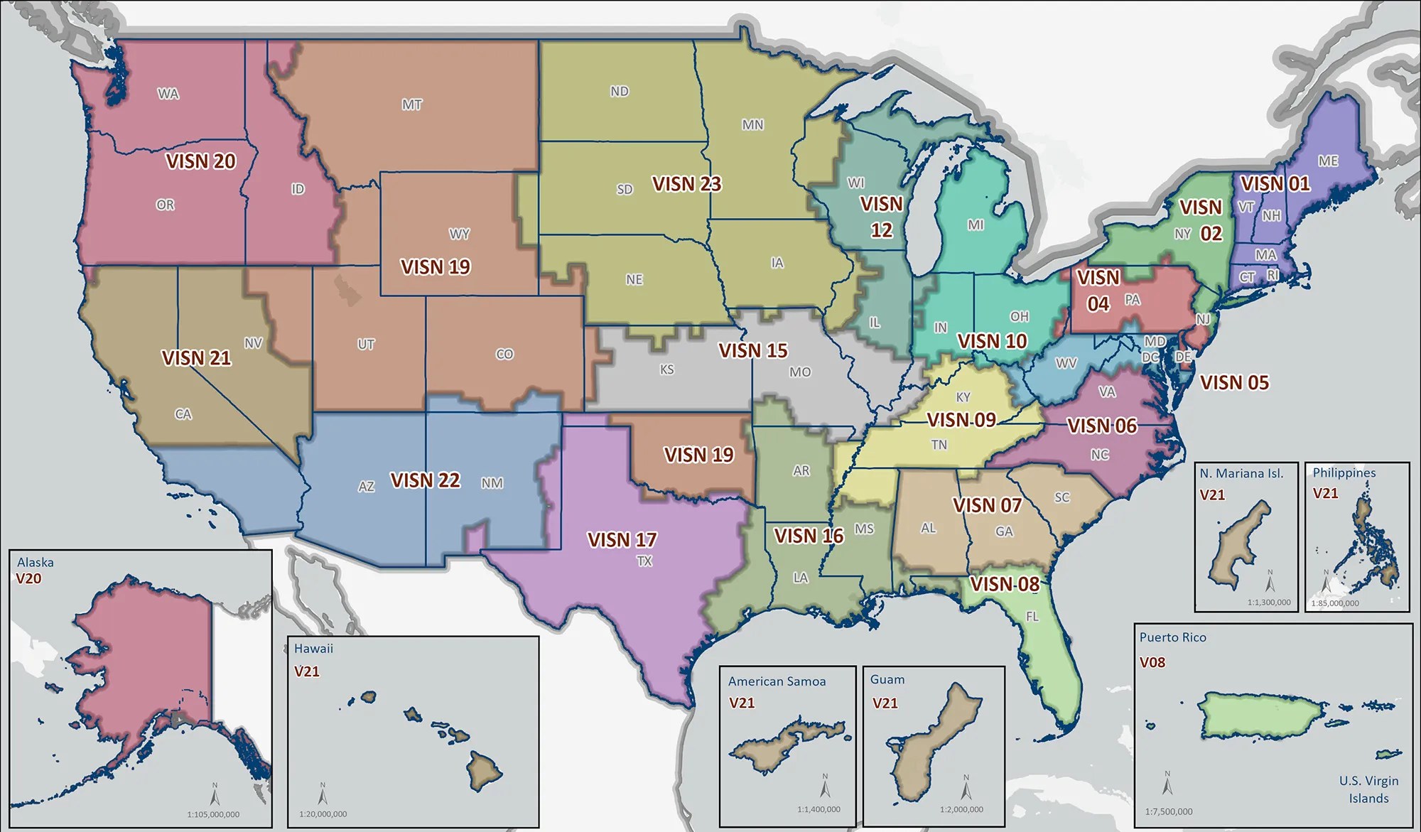 Map displaying the various regions