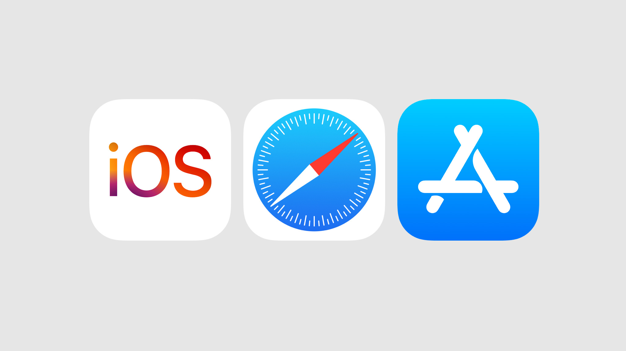 明るいグレーの背景に置かれたiOS、Safari、App Storeのアイコン。