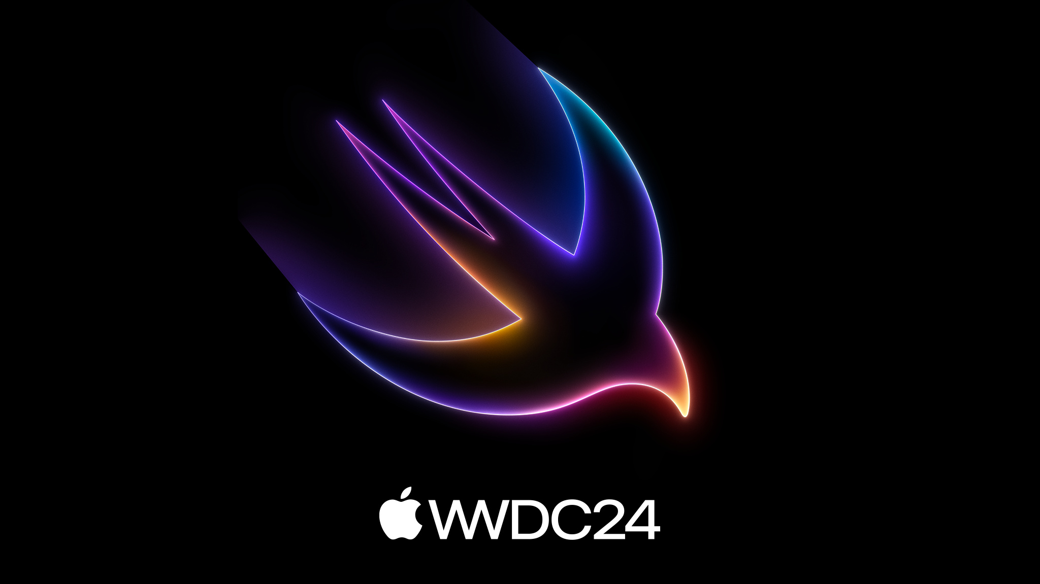 黒の背景に赤、紫、青の輝くグラデーションで描かれた、「WWDC24」というフレーズ