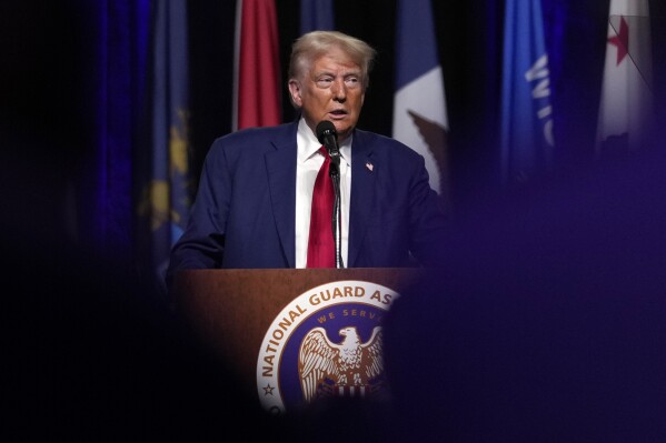 Republican presidential nominee former President Donald Trump speaks at the National Guard Association of the United States' 146th General Conference, Monday, Aug. 26, 2024, in Detroit. (AP Photo/Carolyn Kaster)