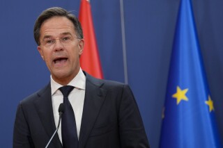FILE - Netherland's Prime Minister Mark Rutte speaks during a press conference at the Serbia Palace, in Belgrade, Serbia, on July 3, 2023. The four parties that make up Prime Minister Mark Rutte's ruling coalition are in tense talks over ways to rein in migration, amid speculation the thorny issue could bring down the administration and force a general election. Rutte, the Netherlands’ longest serving premier, presided over late-night meetings Wednesday and Thursday that failed to broker a deal. More talks were planned for Friday, July 7, 2023. (AP Photo/Darko Vojinovic)