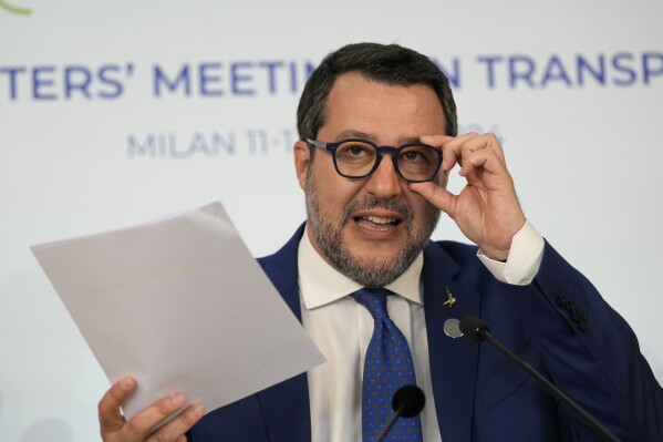 FILE - Italian Deputy Prime Minister and Minister of Infrastructure and Transport Matteo Salvini attends a press conference during the G7 transportation ministers meeting in Milan, Italy, April 13, 2024. (AP Photo/Antonio Calanni, File)