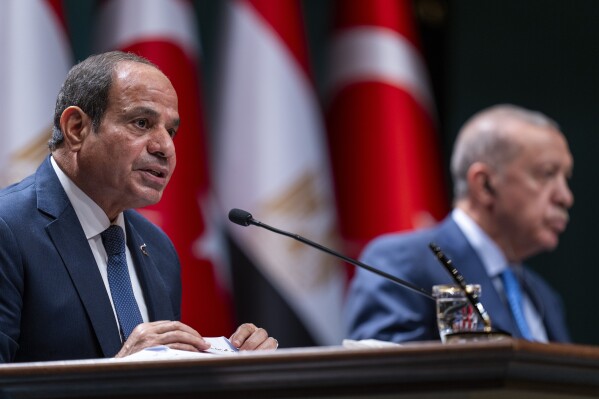 Egyptian President Abdel Fattah el-Sissi, left, talks next to Turkish President Recep Tayyip Erdogan during a bilateral signature agreements ceremony at the Presidential palace in Ankara, Wednesday, Sept. 4, 2024. (AP Photo/Francisco Seco)