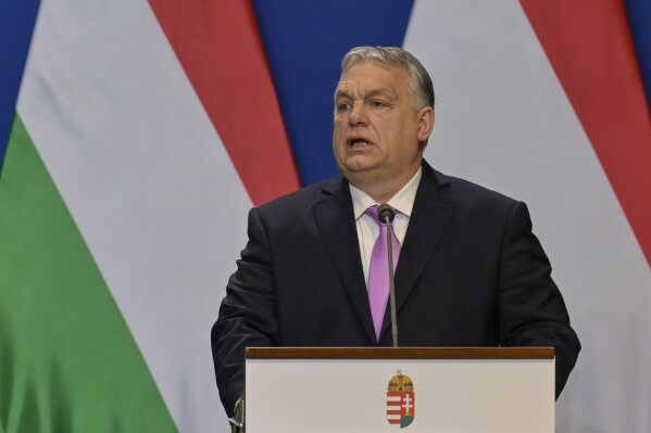 FILE - Hungarian Prime Minister Viktor Orban speaks during a press conference with his Sweden's counterpart Ulf Kristersson at the Carmelite Monastery in Budapest, Hungary, on Feb 23, 2024. Hungary's prime minister says that he will seek to opt his country out of any NATO operations aimed at supporting Ukraine. Prime Minister Viktor Orbán told state radio on Friday, May 24, 2024 that Hungary opposes a plan NATO is weighing to provide more predictable military support to Ukraine. (AP Photo/Denes Erdos, File)