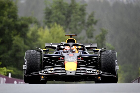Red Bull driver Max Verstappen of the Netherlands steers his car during qualification ahead of the Formula One Grand Prix at the Spa-Francorchamps racetrack in Spa, Belgium, Saturday, July 27, 2024. The Belgian Formula One Grand Prix will take place on Sunday. (John Thys, Pool Photo via AP)