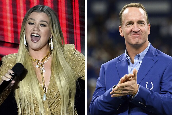 This combo image shows singer Kelly Clarkson, left, and NFL legend Peyton Manning, right. Clarkson and Manning will bring a new flavor to NBC Universal's upcoming Paris Olympics coverage this summer. They are expected to join Mike Tirico to host the opening ceremony, the network announced Tuesday, March 12, 2024. (AP Photo)