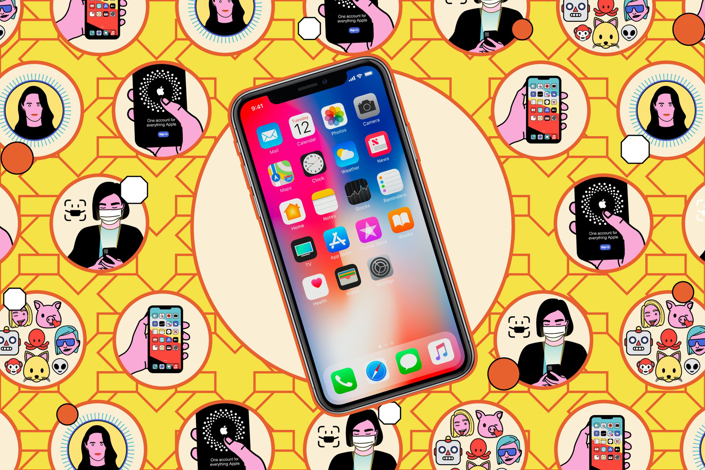 An iPhone overlaid on a yellowish circle with red border, with circles laid out in a honeycomb grid surrounding it that have small illustrations of iOS-themed images.