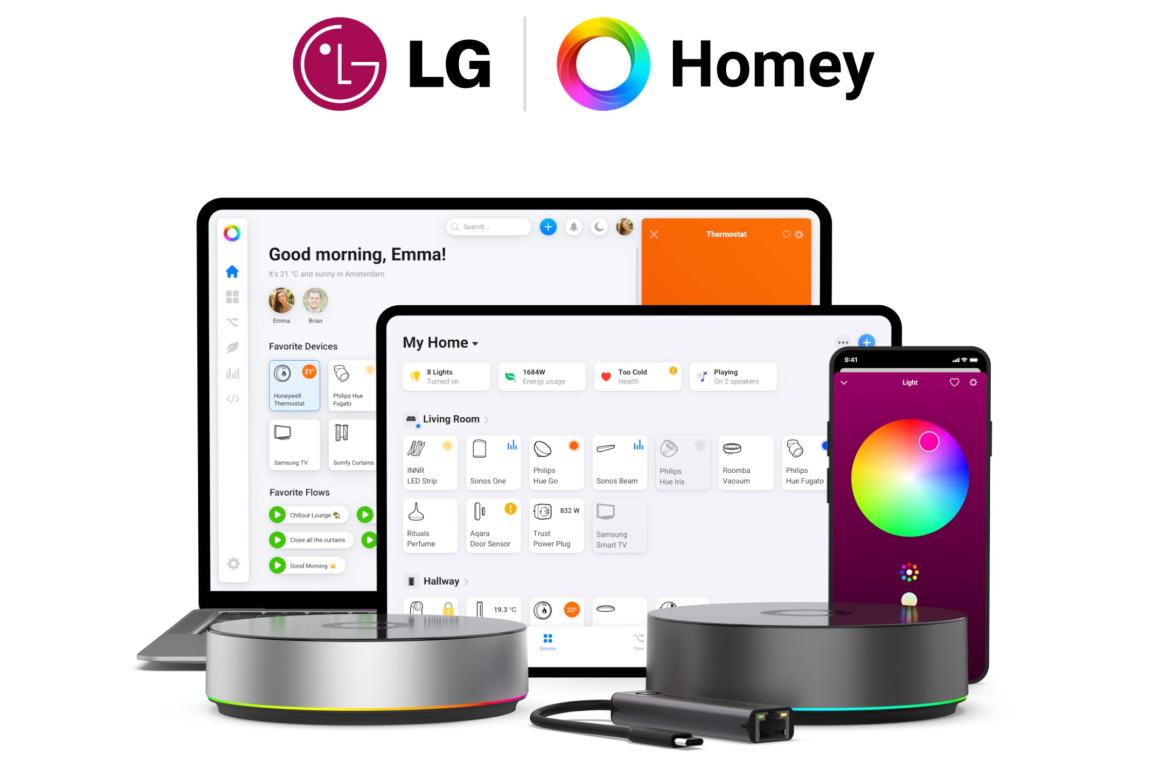 A selection of Homey smart home hubs and devices alongside the app interfaces used to control them.