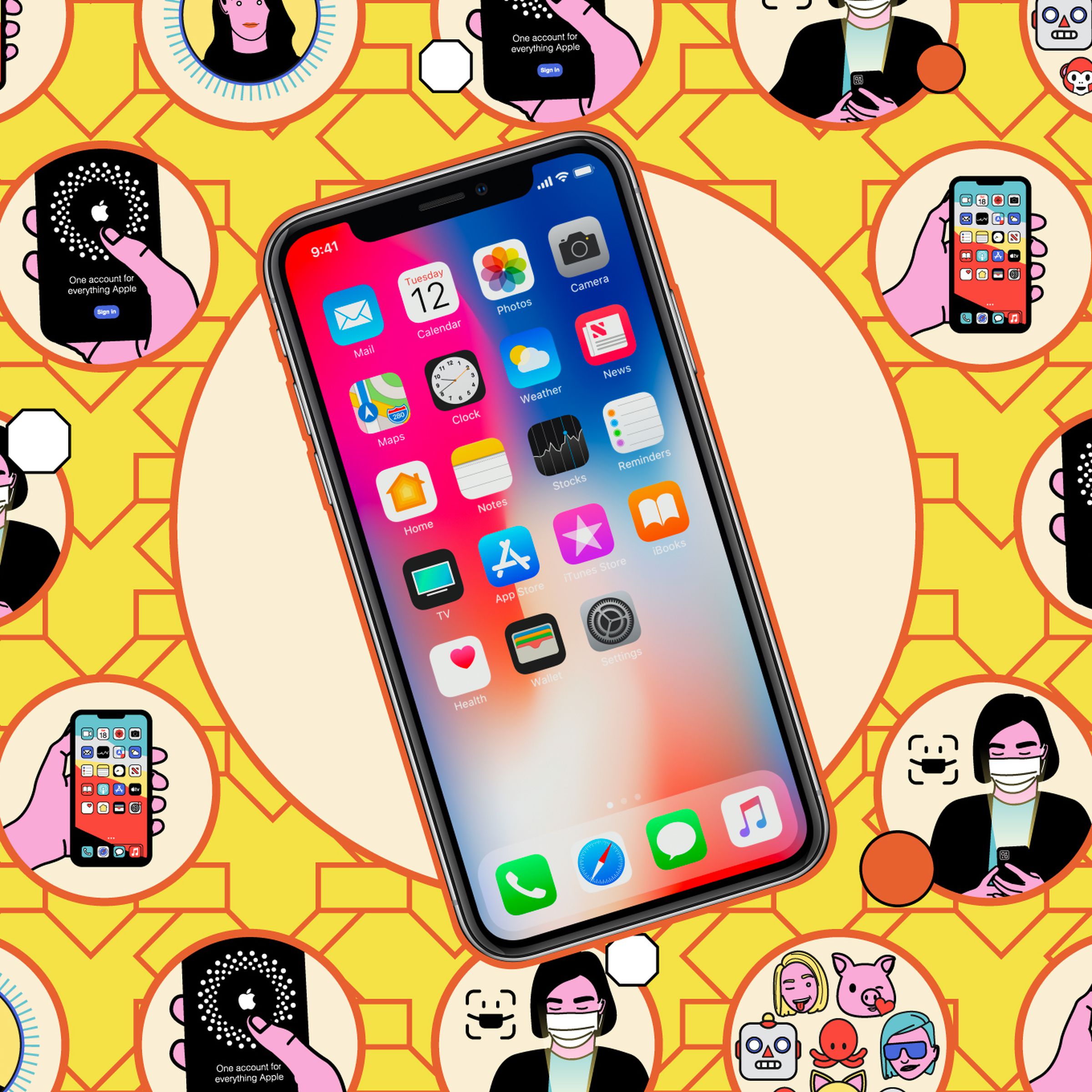 An iPhone overlaid on a yellowish circle with red border, with circles laid out in a honeycomb grid surrounding it that have small illustrations of iOS-themed images.