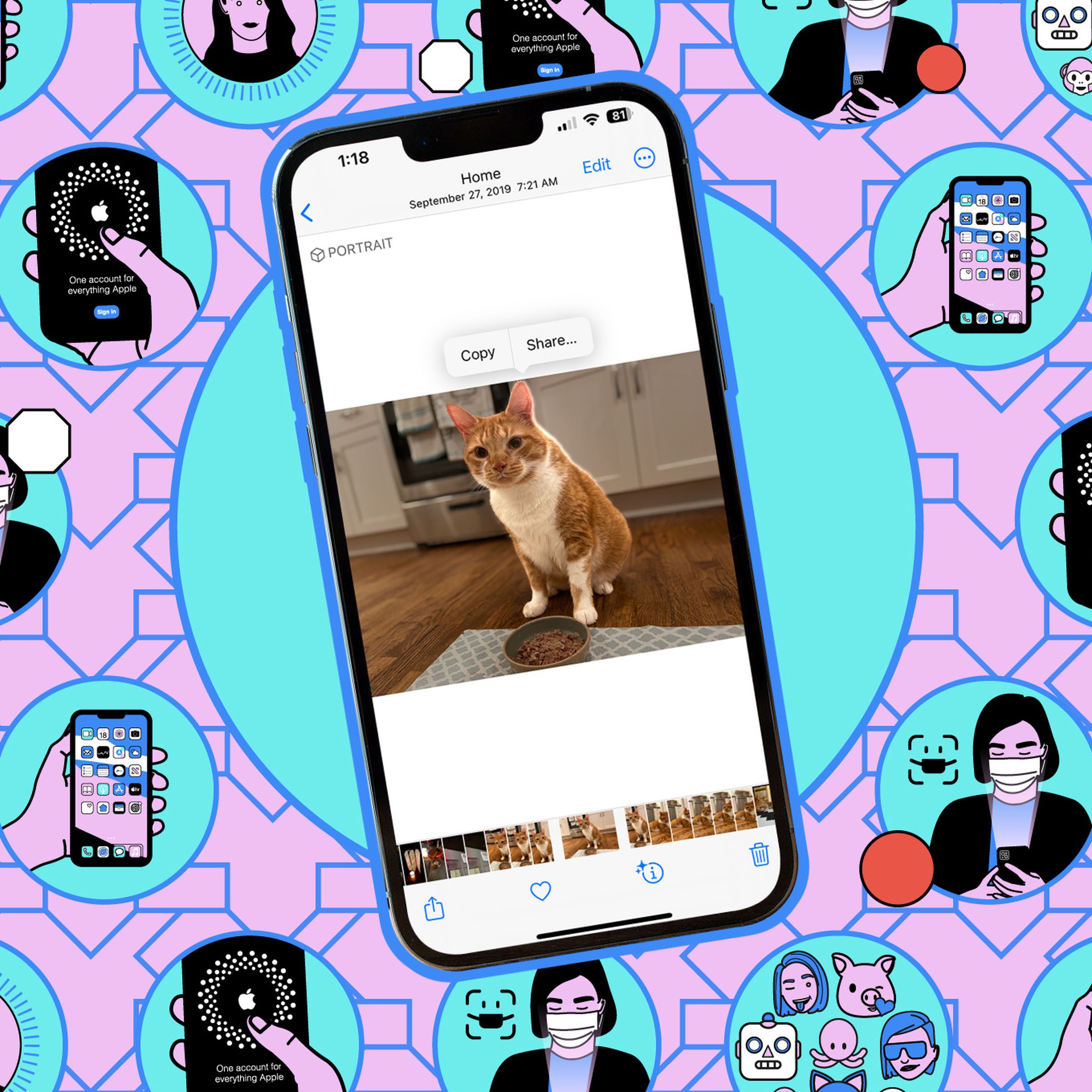 Illustration of a phone with a photo of a cat featured onscreen.