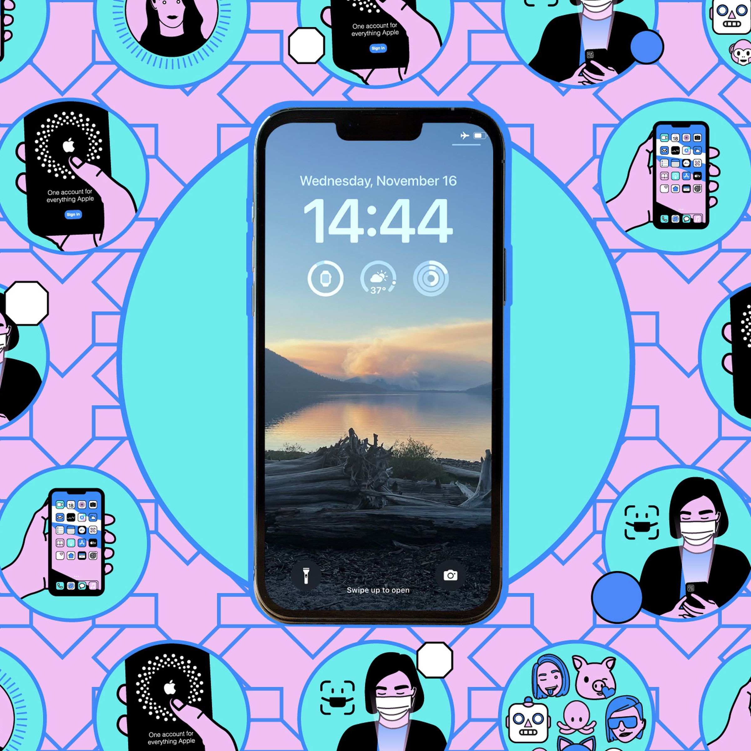 Illustration of an iPhone showing its lock screen on a pink and blue background.