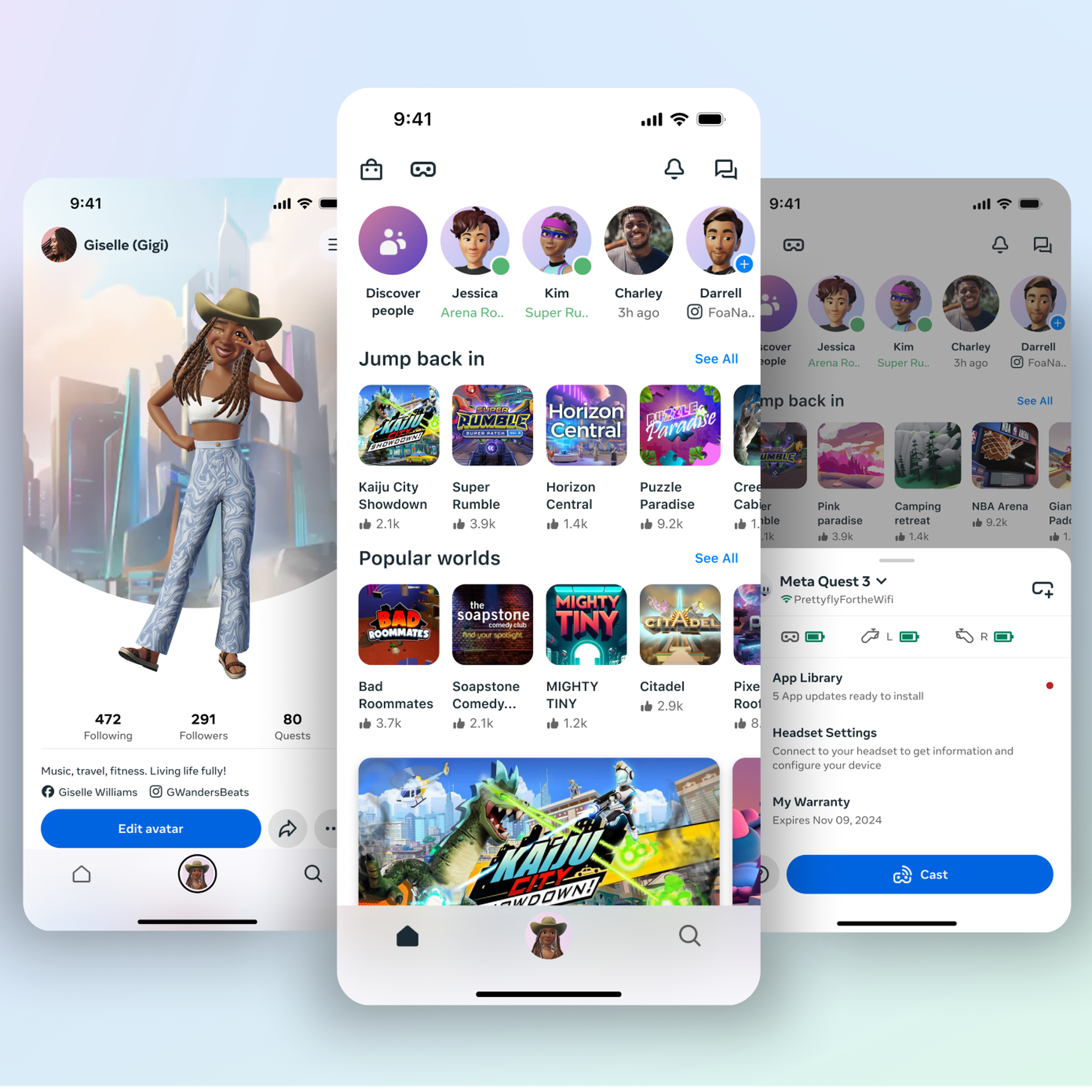 A series of screenshots showing the revamped Meta Horizon mobile app