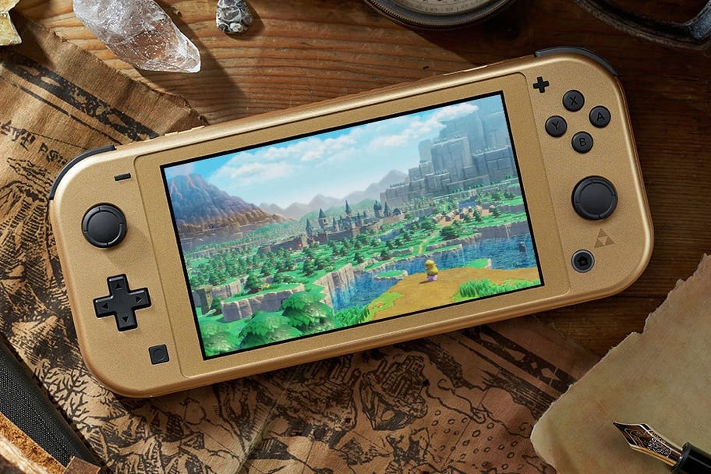 A look at the front of the gold Hyrule Edition Switch Lite console.