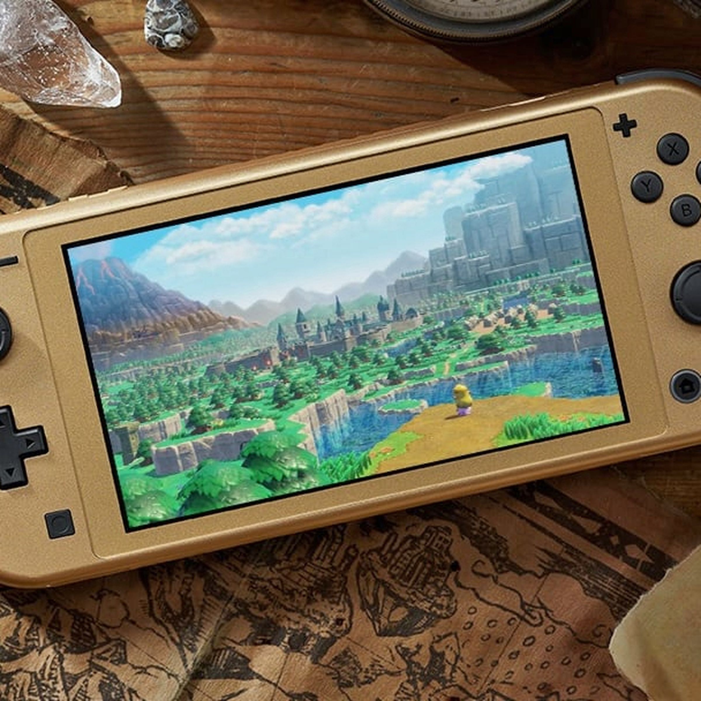 A look at the front of the gold Hyrule Edition Switch Lite console.