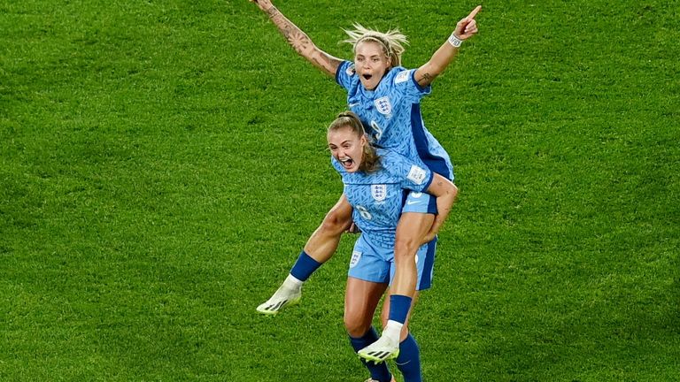 England players celebrate after reaching the final of the 2023 Women's World Cup in Australia. Pic: Reuters 