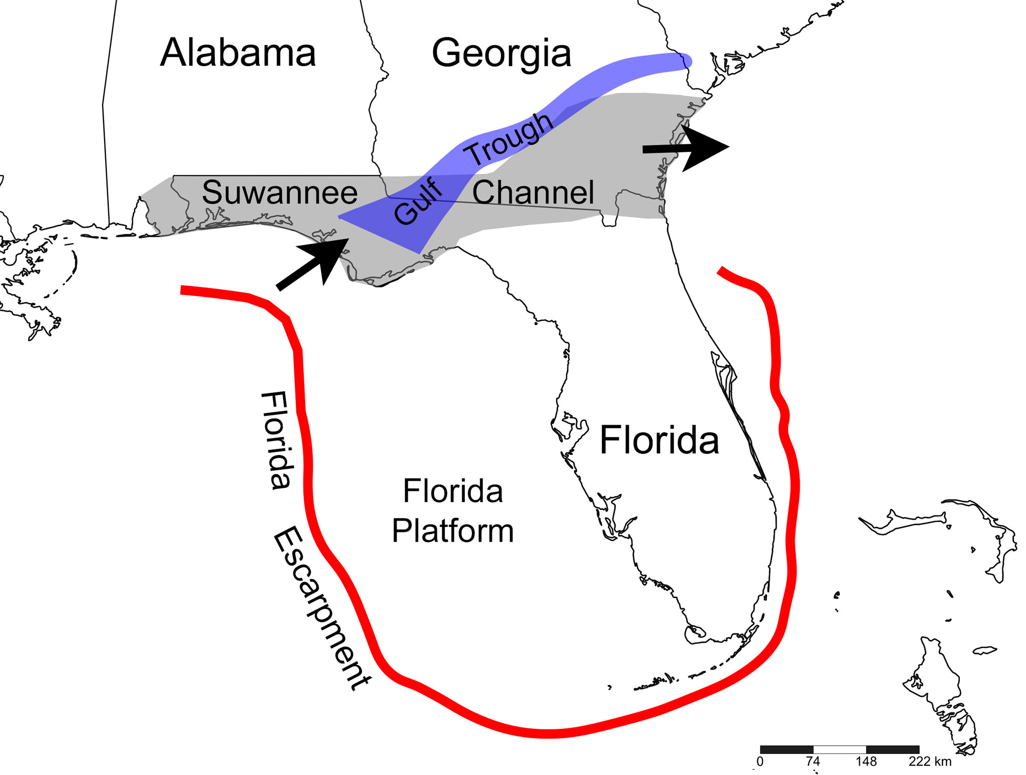 Map showing the locations of the Suwannee Channel and the Gulf Trough in Florida.