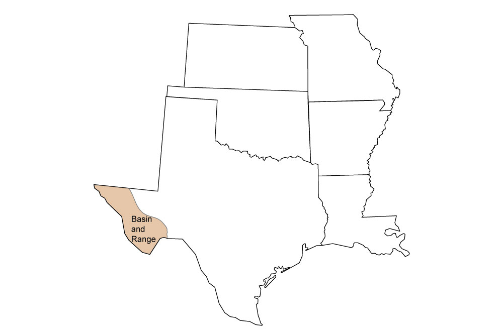 Simple map showing the Basin and Range region of the South Central United States, including a small portion of western Texas.