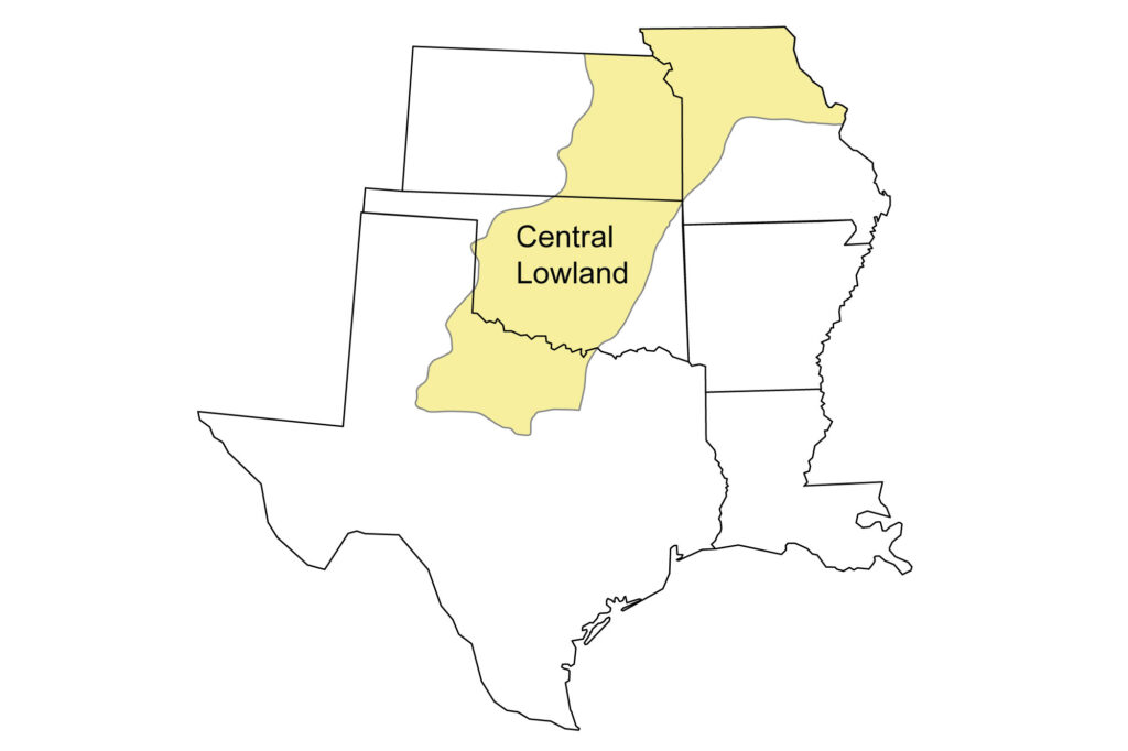 Simple map showing the Central Lowland region of the South Central United States, including all of Louisiana, and portions of Texas, Oklahoma, Kansas, and Missouri.