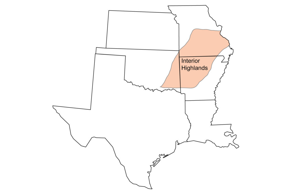 Simple map showing the Interior Highlands region of the South Central United States, including portions of Arkansas, Missouri, and Oklahoma.