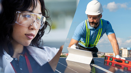 Photo editing of young laboratory researcher and a worker installing a solar panel.