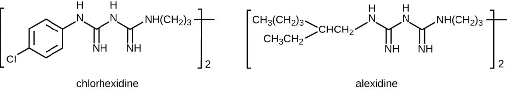 Chemical structure of chlorhexidine. A 6 carbon ring with CL on one carbon; on the other side of the ring is a chain of Nitrogens and carbon. Chemical structure of alexidine. A chain of carbons and nitrogens; the very end has a branch with 2 carbon chains.