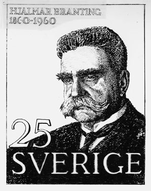 Frimärksförlaga Hjalmar Branting, utgivet 23/11 1960. Hjalmar Branting (1860 - 1925), politiker, Nobels fredspris 1921. Konstnär: Harald Sallberg. Antaget förslag, i tusch på cellofan. Texten "Hjalmar Branting 1860-1960"  i blyerts och vit täckfärg.