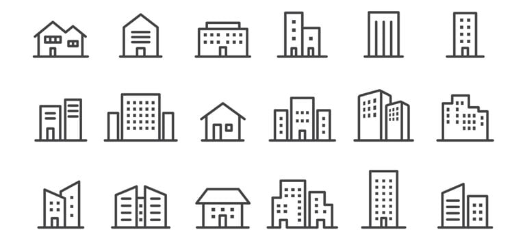 Black and white line illustrations of different buildings