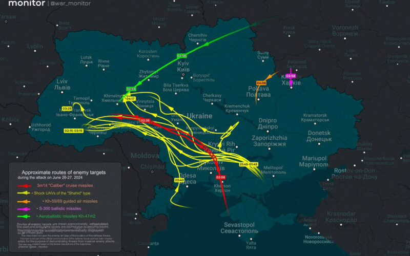 ukraine downs 28/29 air targets during russia's nighttime assault combined drone missile attack overnight 27 june map telegram/monitor russian-air-attack-27-june-2024-map