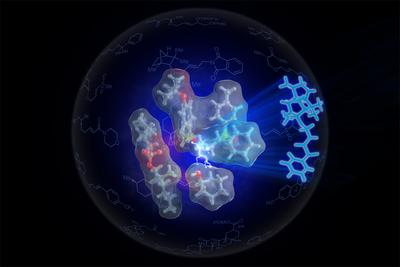 An graphic rendering of how the small-molecule SOX catalyst pulls together an alcohol and and alkene.