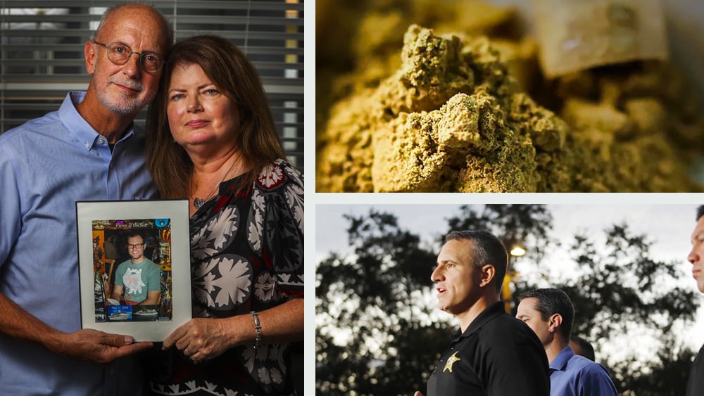 A collage with parents remembering their son, a macro shot of Kratom and police speaking to the public.