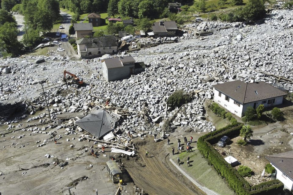 The Sorte village in the community of Lostallo in southern Switzerland, after a landslide caused by the bad weather and heavy rain in the Misox valley (Samuel Golay/Keystone via AP)