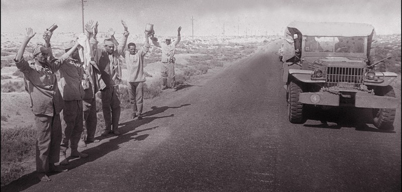 Arab soldiers surrender to Israeli soldiers 13 June 1967 in the occupied territory of the West Bank.  On 05 June 1967, Israel launched preemptive attacks against Egypt and Syria. In just six days, Israel occupied the Gaza Strip and the Sinai peninsula of Egypt, the Golan Heights of Syria, and the West Bank and Arab sector of East Jerusalem (both under Jordanian rule), thereby giving the conflict the name of the Six-Day War. / AFP / PIERRE GUILLAUD        (Photo credit should read PIERRE GUILLAUD/AFP/Getty Images)