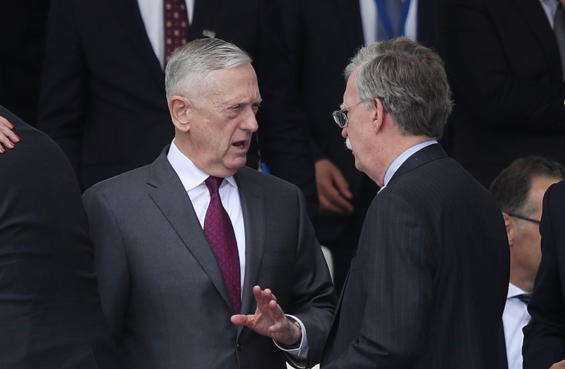 U.S. Secretary of Defense James Mattis and National Security Advisor John Bolton attend the opening ceremony at the 2018 NATO Summit at NATO headquarters in Brussels on July 11.  (Photo by Sean Gallup/Getty Images)