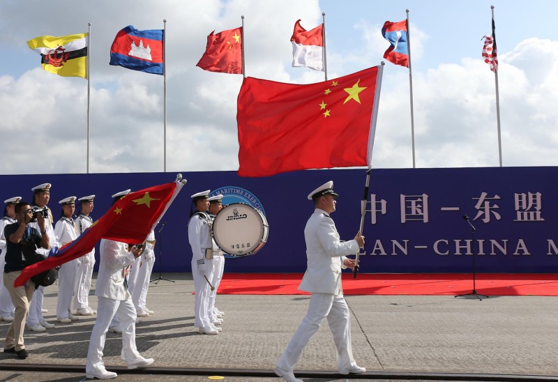 Chinese sailors march during the opening ceremony of the ASEAN-China Maritime Exercise at a military port in Zhanjiang, in China's southern Guangdong province on Oct. 22, 2018. (STR/AFP/Getty Images)
